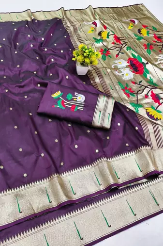 Wine zari woven paithani silk blend saree with blouse piece
