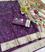 Wine zari woven paithani silk blend saree with blouse piece