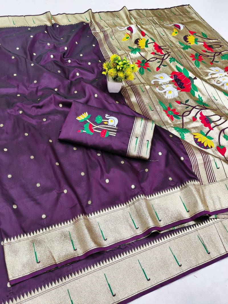 Wine zari woven paithani silk blend saree with blouse piece