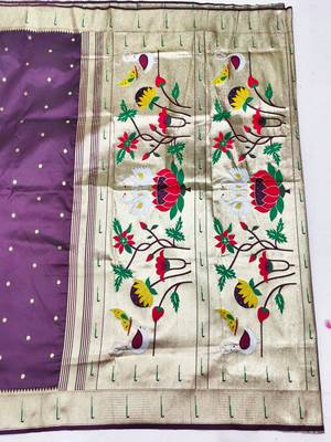 Wine zari woven paithani silk blend saree with blouse piece 2