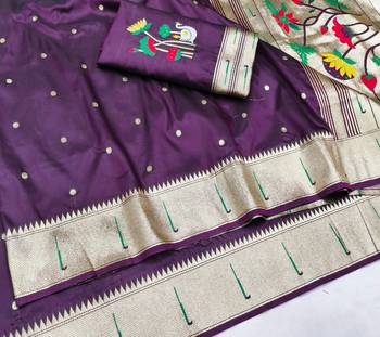 Wine zari woven paithani silk blend saree with blouse piece 3