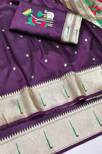 Wine zari woven paithani silk blend saree with blouse piece