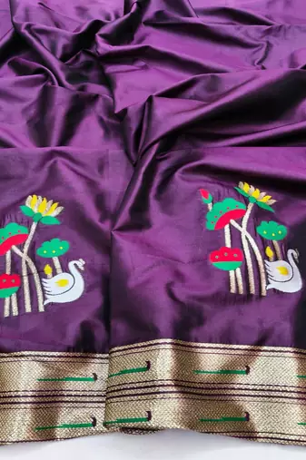 Wine zari woven paithani silk blend saree with blouse piece