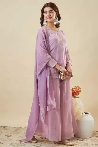 Lavender color stylish and partywear crunchy silk beautiful partywear dress