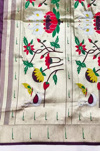Wine zari woven paithani silk blend saree with blouse piece