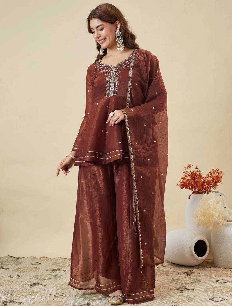 Maroon color stylish and partywear crunchy silk beautiful partywear dress