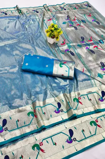 Blue zari woven paithani silk blend saree with blouse piece