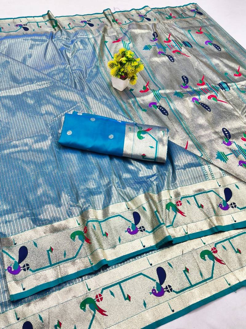 Blue zari woven paithani silk blend saree with blouse piece