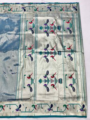 Blue zari woven paithani silk blend saree with blouse piece 2