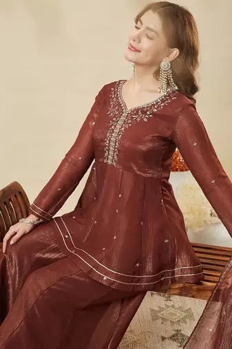 Maroon color stylish and partywear crunchy silk beautiful partywear dress