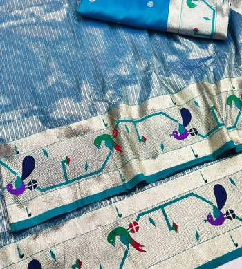 Blue zari woven paithani silk blend saree with blouse piece 3