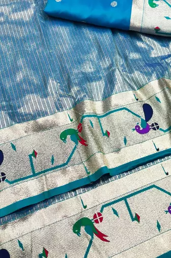 Blue zari woven paithani silk blend saree with blouse piece