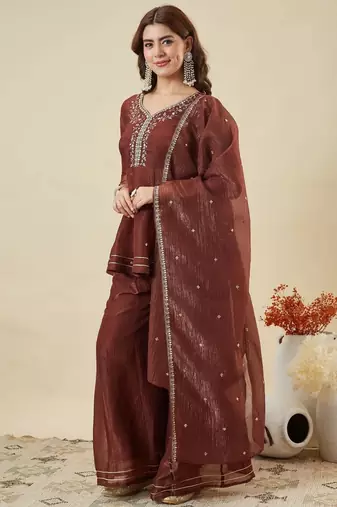 Maroon color stylish and partywear crunchy silk beautiful partywear dress