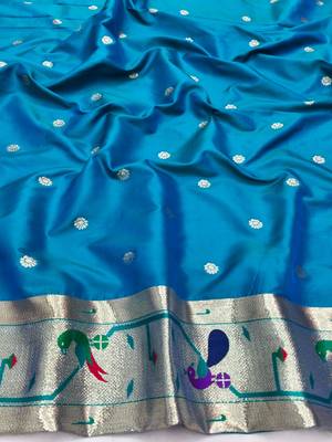 Blue zari woven paithani silk blend saree with blouse piece 4