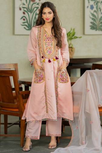 Peach color stylish and partywear pv chanderi beautiful partywear dress