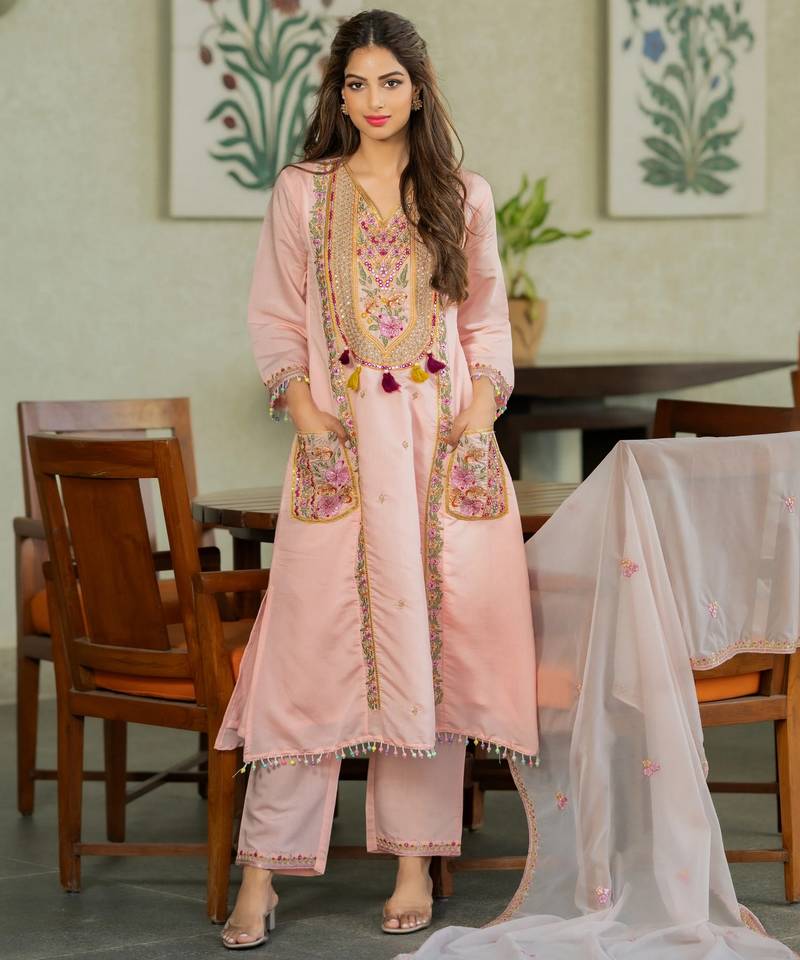 Peach color stylish and partywear pv chanderi beautiful partywear dress