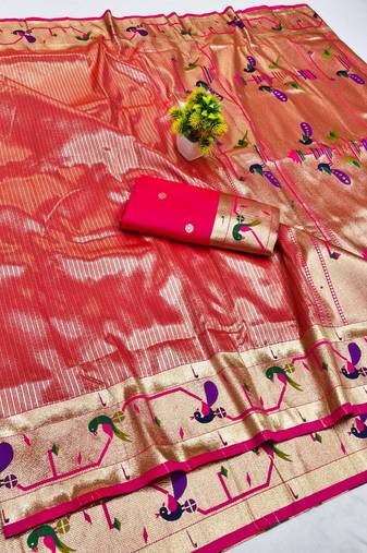 Pink zari woven paithani silk blend saree with blouse piece