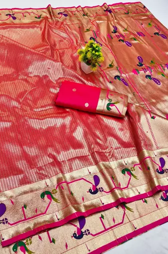 Pink zari woven paithani silk blend saree with blouse piece