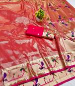 Pink zari woven paithani silk blend saree with blouse piece