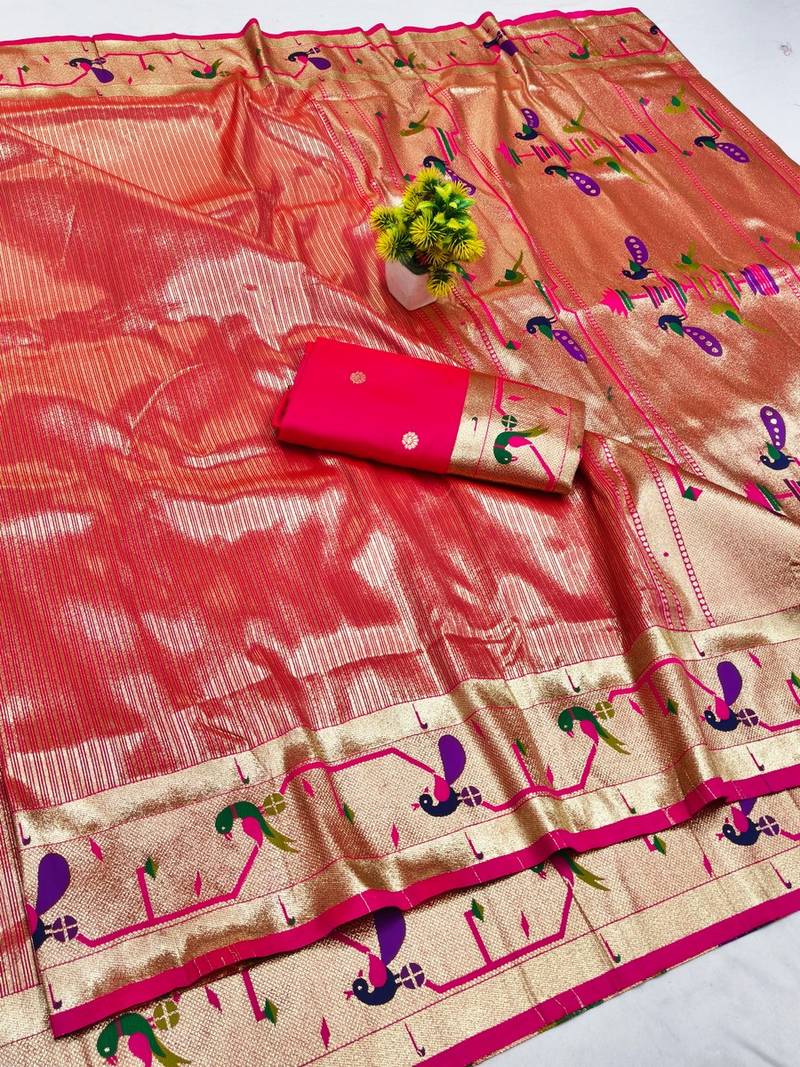 Pink zari woven paithani silk blend saree with blouse piece