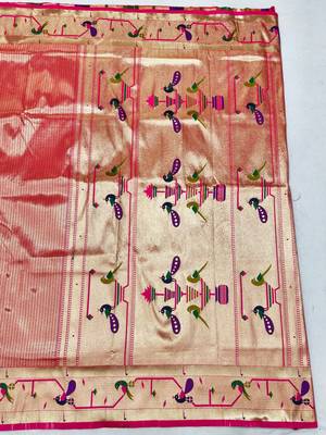 Pink zari woven paithani silk blend saree with blouse piece 2