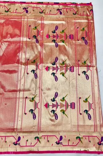 Pink zari woven paithani silk blend saree with blouse piece