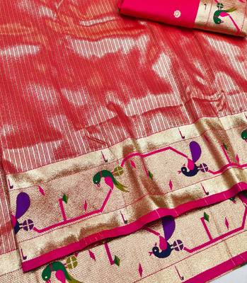 Pink zari woven paithani silk blend saree with blouse piece 3