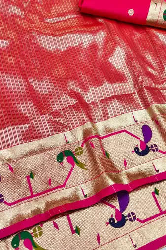 Pink zari woven paithani silk blend saree with blouse piece