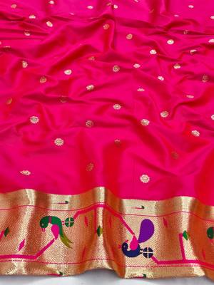 Pink zari woven paithani silk blend saree with blouse piece 4