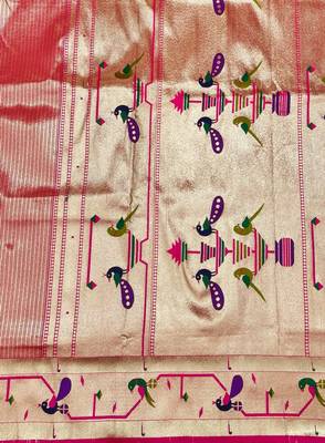 Pink zari woven paithani silk blend saree with blouse piece 5