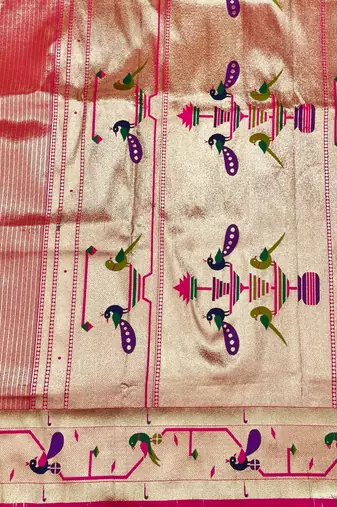 Pink zari woven paithani silk blend saree with blouse piece