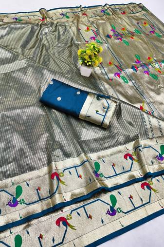 Firozi zari woven paithani silk blend saree with blouse piece