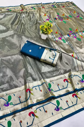 Firozi zari woven paithani silk blend saree with blouse piece