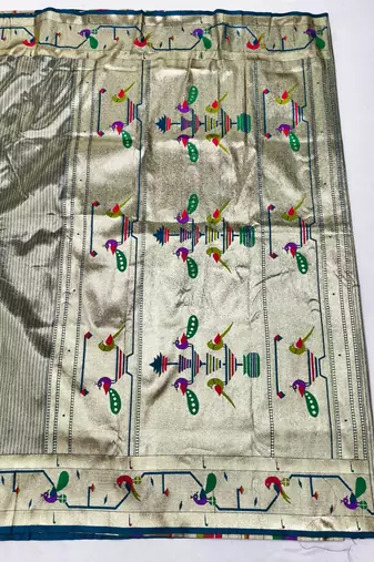 Firozi zari woven paithani silk blend saree with blouse piece