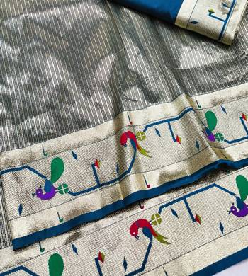 Firozi zari woven paithani silk blend saree with blouse piece 3