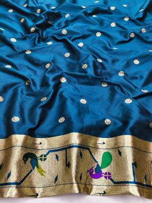Firozi zari woven paithani silk blend saree with blouse piece 4