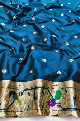 Firozi zari woven paithani silk blend saree with blouse piece