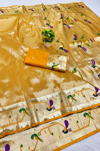 Gold zari woven paithani silk blend saree with blouse piece