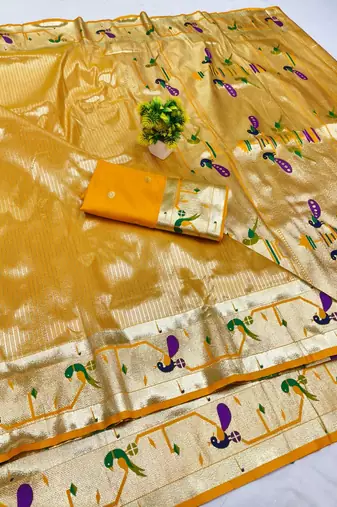 Gold zari woven paithani silk blend saree with blouse piece