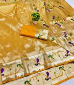 Gold zari woven paithani silk blend saree with blouse piece
