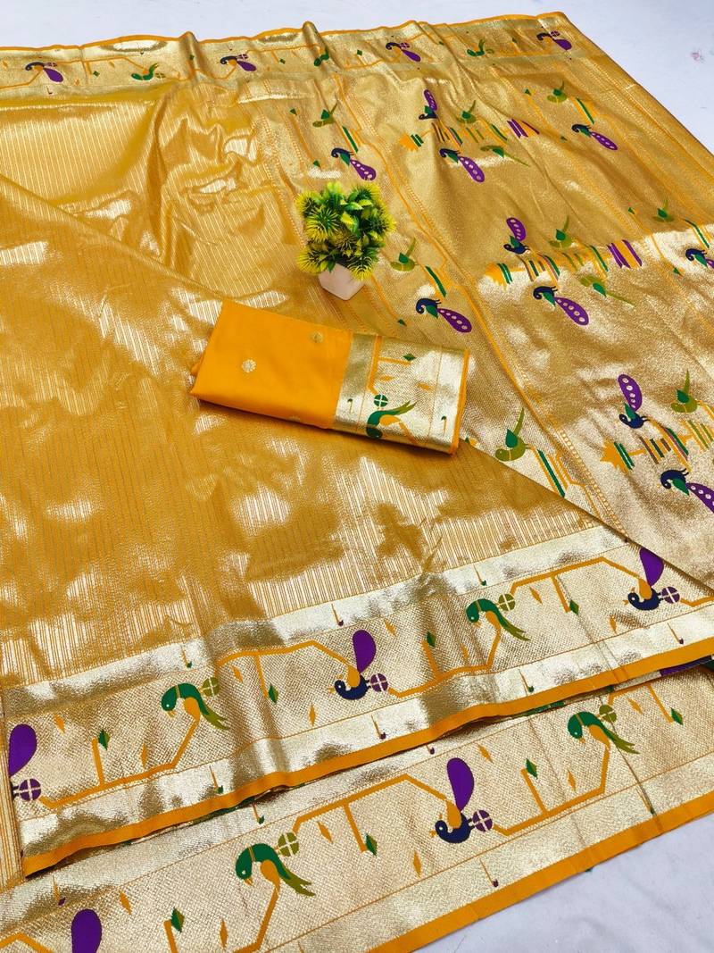 Gold zari woven paithani silk blend saree with blouse piece