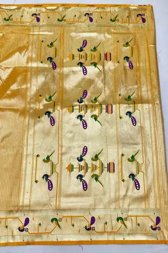 Gold zari woven paithani silk blend saree with blouse piece