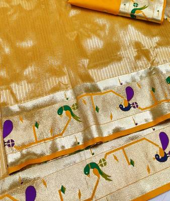 Gold zari woven paithani silk blend saree with blouse piece 3