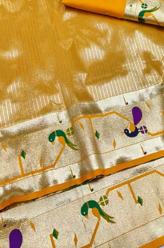 Gold zari woven paithani silk blend saree with blouse piece