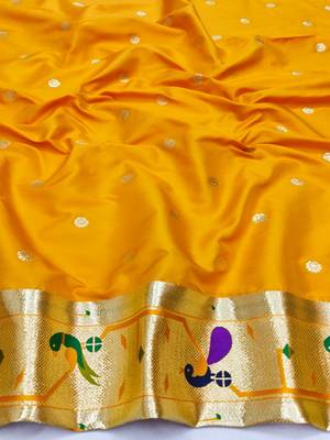 Gold zari woven paithani silk blend saree with blouse piece 4
