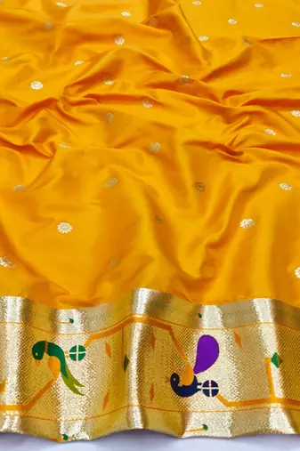 Gold zari woven paithani silk blend saree with blouse piece