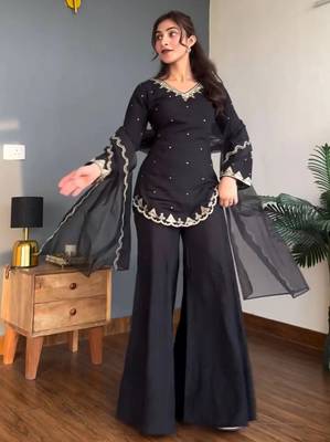Black color stylish and partywear silk crepe beautiful partywear dress 1