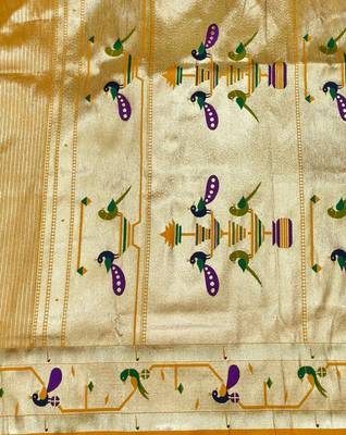 Gold zari woven paithani silk blend saree with blouse piece 5