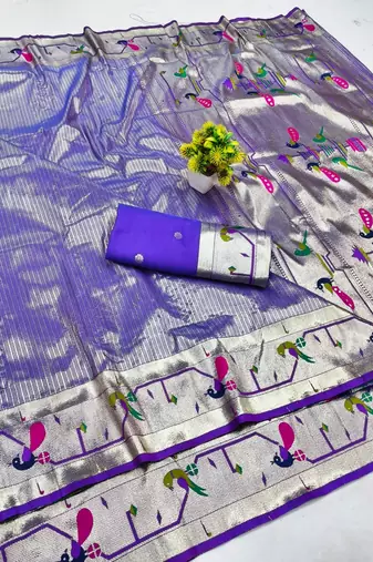 Purple zari woven paithani silk blend saree with blouse piece