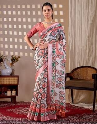 Elegant White Ethnic Print Linen Saree 1
